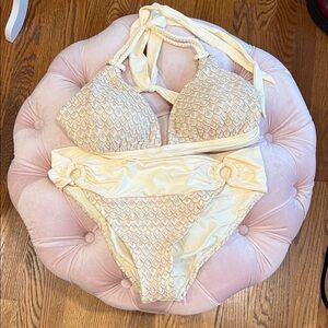Swim Systems Cream/Gold Bikini with Textured Design, EUC
